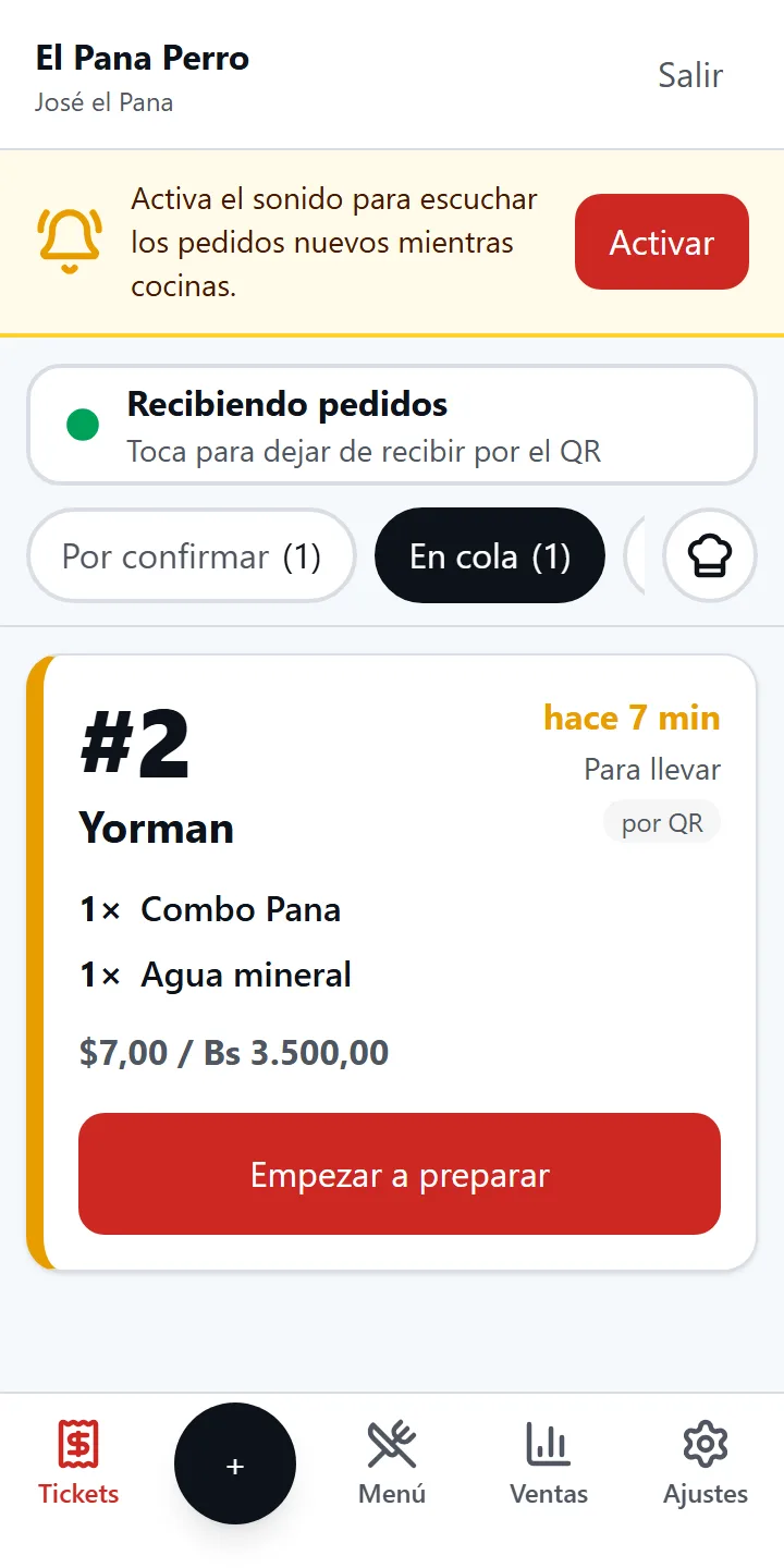 La cola de pedidos: cada ticket con su número, lo que lleva y cuánto tiempo lleva esperando